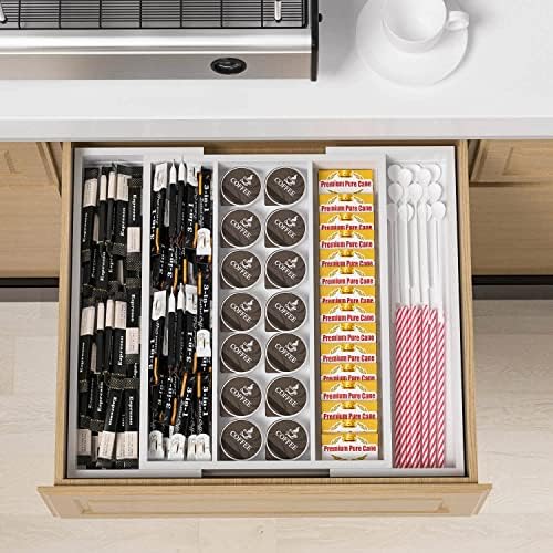 Utensil Organizer for Kitchen Drawers - Bamboo Silverware Tray Expandable 5 Slots Drawer Organizer for Office and Pantry Supplies W13.7-19.9" x L17.6 X H2.5 (White) - Image 6