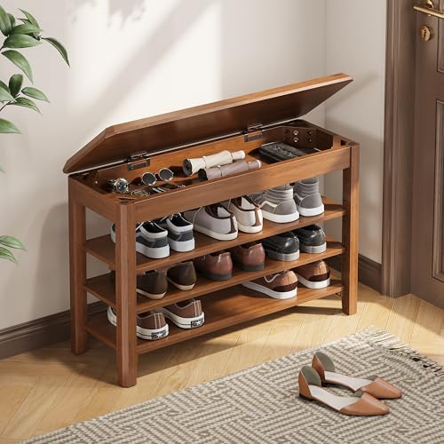 IUNVR Shoe Rack Bench Seat Rubberwood 3-Tier Wooden Storage Bench 550lbs Compact Mid-Century Modern Design for Entryway, Hallway, Closet, Front Door Entrance, Foyer by IUNVR