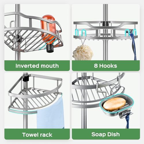 HAMITOR Shower Caddy Tension Pole: Rustproof Quick Install Standing Corner Bathroom Organizer Shelf on Floor for Renters - 4-Tier Large Capacity Storage Rack with Soap Holder for Apartment -Silver - Image 3