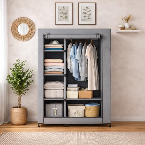 Simple Deluxe Wardrobe with lid, Clothes Rack for Hanging Clothes, 40.7" W x 17.5" D x 64.2" H Garment Rack，Max Load 143LBS，Black Rack with Gray Cover - Image 2