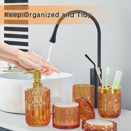 Orange Glass Bathroom Accessories Set 5 Pcs, Orange Bathroom Set, Soap Dispenser and Toothbrush Holder Set, Qtip Holder Set, Vintage Bathroom Sink Set, Cute Bathroom Decor - Image 4