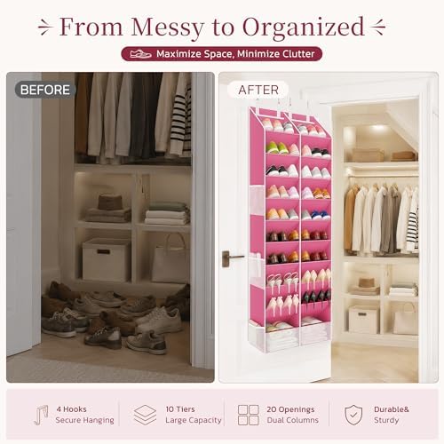 Criusia Over the Door Shoe Organizer, 20-30 Pairs Heavy-Duty Hanging Shoe Storage with Large Pockets, 10-Tier Door Shoe Rack with 4 Hooks for Sneakers Sandals Heels Boots (Pink) - Image 2