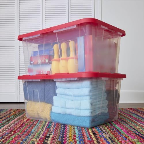 2 Pack 27 Gallon Clear Plastic Storage Bin With Red Snap Lid, Stackable And Nestable Tote With Built-in Handles, Organizer Container For Garage Closet Dorm Household Holiday Decor Tough With - Image 5