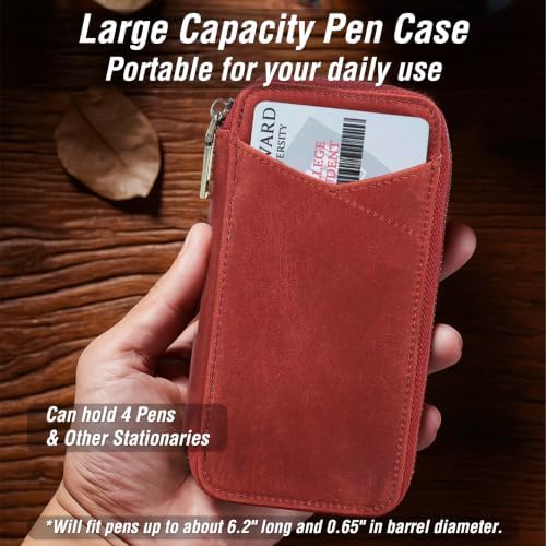 Top Grain Genuine Leather 4 Fountain Pen/Pencil Case Pouch, Handmade Minimalist Design, Zipper Closure with Multi-Function & Slots, Gift Choice for Man/Woman/Office, Matte Red, 4 Slots - Image 2