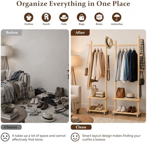 Taitiy Coat Rack Freestanding Solid Wood Clothes Rack with Wheels - Image 3