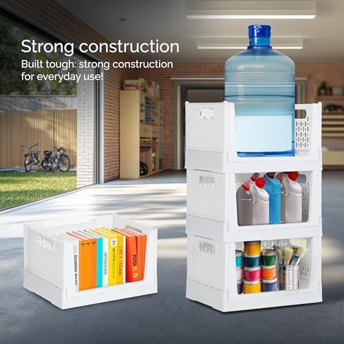 Skywin Foldable Stackable Storage Bins with Wheels, 3 Pack - Ivory - Image 6