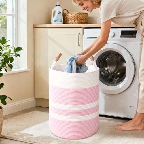Large Laundry Basket, Laundry Hamper with Leather Handles, 90L Woven Dirty Clothes Hamper, Rope Hampers for Bedroom, Barthroom, Pink - Image 2
