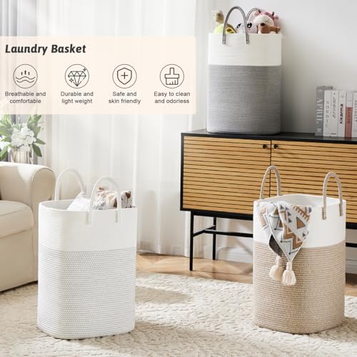 Laundry Basket,Woven Cotton Rope Laundry Hamper,Versatile Storage for Dirty Clothes,Baby Toys,and Blankets in Bathroom, Nursery,and Living Room (White, 60L) - Image 4