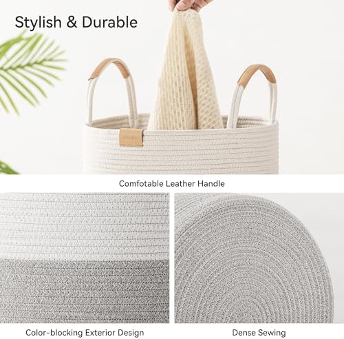 Nunsino 75L Striped Laundry Hamper with Leather Handles,Large Foldable Laundry Basket for Clothes,Cotton Rope Storage Bin for Blankets,Woven Clothes Basket for Bedroom,Gray Stripes - Image 6