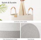 Nunsino 62L Striped Laundry Hamper with Leather Handles,Large Foldable Laundry Basket for Clothes,Cotton Rope Storage Bin for Blankets,Woven Clothes Basket for Bedroom,Gray Stripes - Image 6
