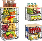 4 Pack Stackable Wire Baskets for Pantry Organizers and Storage, Pantry Baskets with Fixed Wooden Top, Fruit and Vegetable Storage Bins for Organizing Onion Potato Snack for Kitchen Cabinet/Countertop by Huxitocan