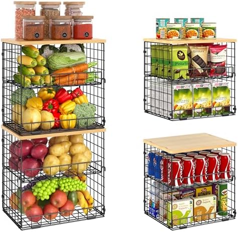 4 Pack Stackable Wire Baskets for Pantry Organizers and Storage, Pantry Baskets with Fixed Wooden Top, Fruit and Vegetable Storage Bins for Organizing Onion Potato Snack for Kitchen Cabinet/Countertop by Huxitocan