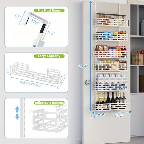 Over the Door Pantry Organizer - 6 Tier Adjustable Pantry Organization and Storage, Hanging Basket Wall Seasoning Shelves, Home & Kitchen Bedroom Bathroom, White - Image 2