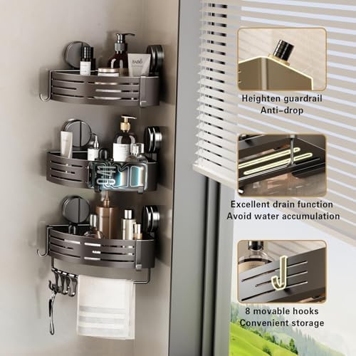 VOLPONE Shower Caddy Suction Shower Shelf No Drilling Shower Organizer Suction Cup Shower Storage Rack Aluminum Wall Mounted Shampoo Holder with Towel Bar Hooks (3-Pack, Matte Gray) - Image 4