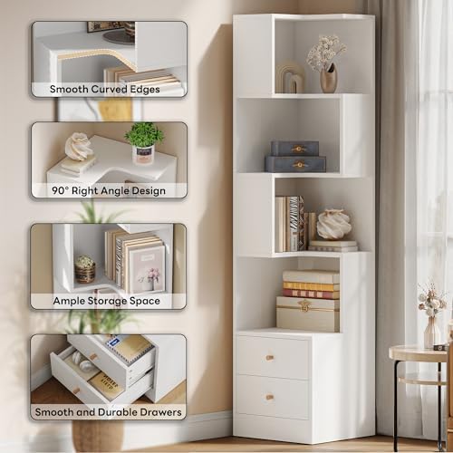 IRONCK Corner Bookshelf, 70.87" Tall Corner Bookcase with Drawers, White - Image 3