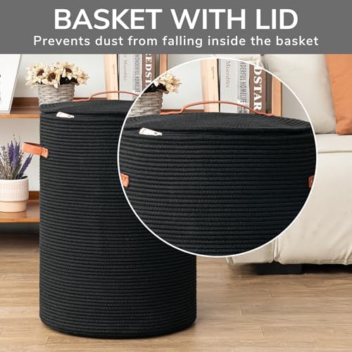 CHICVITA Large Woven Laundry Basket with Lid & Leather Handles, 60L, Black - Image 3