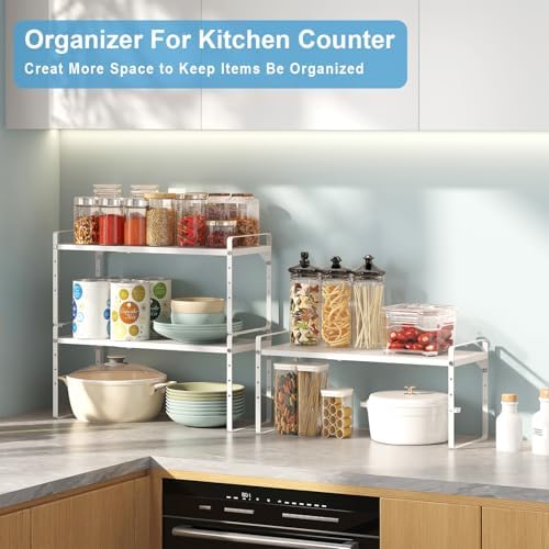 15.5 to 25.5 Inch Expandable Kitchen Cabinet Organizer Shelf, 30 LBS Heavy Duty Stackable Kitchen Counter Storage Shelves Organizers, 2 Pack Adjustable Small Storage Shelf Rack For Cabinet Cupboard - Image 5