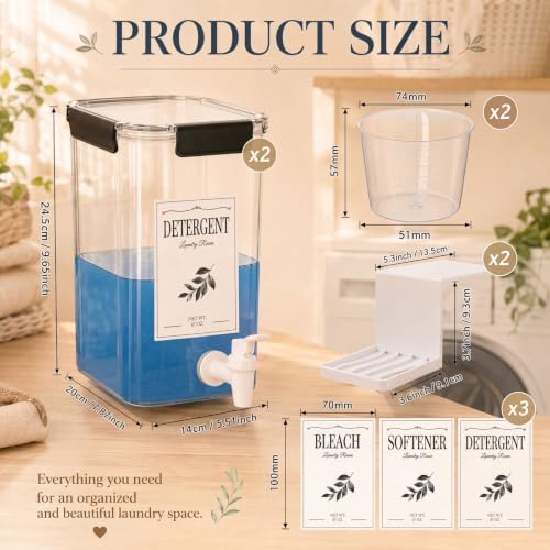 Soaoo 2 Pcs Laundry Detergent Dispenser 87 oz Liquid Soap Dispenser with Faucet for Laundry Room 2 Liquid Detergent Holder with Labels and 2 Measuring Cup Fabric Softener Container - Image 2