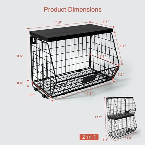 Goozii Black Kitchen Wall Hanging Storage Basket Set of 2, Rustic Stackable Kitchen Counter Fruit Organizer, Wire Baskets Container for Veggie, Garlic, Produce, Onion and Potato (Black Shelf) - Image 7