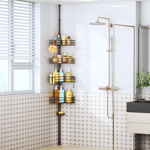 HapiRm Corner Shower Caddy Organizer - Shower Organizer Corner with Soap Holder, Toothbrush Holder and 4 Hooks, Rustproof Bathroom Shelf Tension Pole Available for 27.6 to 108.3 Inch - Bronze - Image 6
