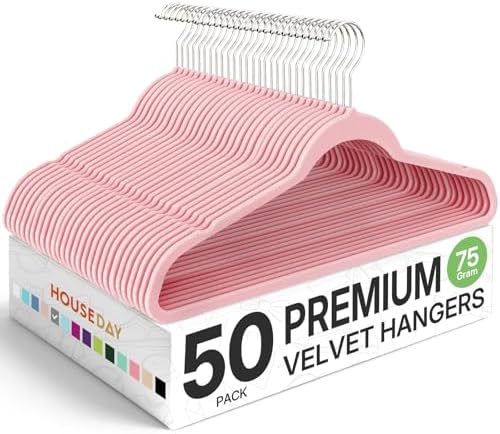 HOUSE DAY Premium Velvet Hangers 50 Pack Pink, Non-Slip Flocked Felt Hangers, Sturdy Clothes Hanger Heavy Duty Coat Hanger, Durable Slim for Closet Space Saving by HOUSEDAY