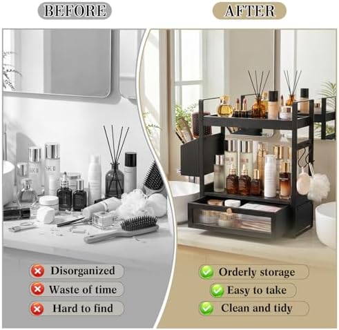 2-Tier Bathroom Counter Organizer with Acrylic Drawer & Basket, Wood Bathroom Countertop Organizer for Bathroom Decor, Rustic Black Bathroom Organizers and Storage, Bathroom Shelf for Office, Kitchen - Image 4