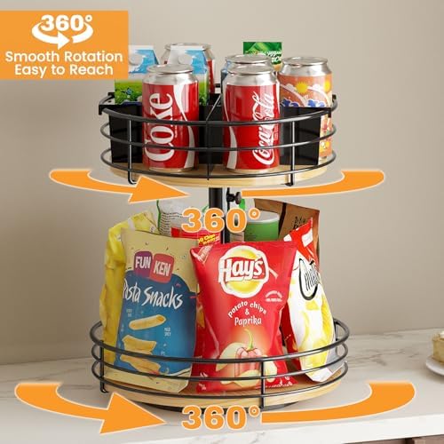 2 Tier Lazy Susan with Adjustable Height and Metal Divider Design, Black - Image 2