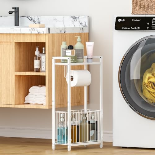 Freestanding Toilet Paper Holder with Storage Shelf, White - Image 3