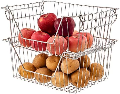 Stackable Wire Metal Baskets Fruit Vegetable Organization Pantry Cabinet Metal Bin Large Basket Shelves Storage for Kitchen Freezer, Set of 2 - Image 4