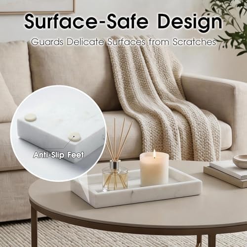 Natural Marble Tray Heavyweight Stone Vanity Tray for Bathroom Countertop, Coffee Table & Dresser - Handcrafted Rectangular Organizer (White, 9.84" x 4.72" x 1.18") - Image 7