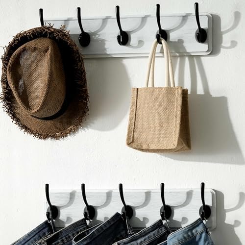 SKOLOO Rustic Coat Rack Wall Mount, 5 Hooks, 17 Inch, Solid Wood, White - Image 3