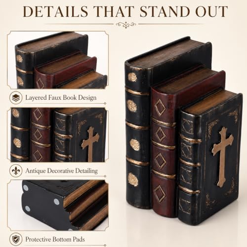 Decorative Bookends Vintage Cross Design, Resin Faux Book Stack Antique Shelf Decor, Antique Vintage Decoration for Home Office Library Old World Farmhouse Style - Image 4