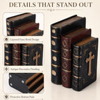 Decorative Bookends Vintage Cross Design, Resin Faux Book Stack Antique Shelf Decor, Antique Vintage Decoration for Home Office Library Old World Farmhouse Style - Image 4