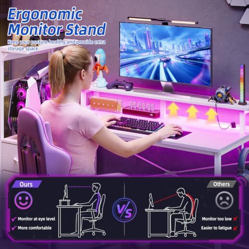 SUPERLELE Gaming Desk with Power Outlet, LED Lights, Storage Shelf & Drawer - Image 6