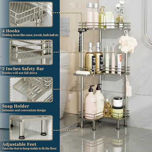 Consumest Corner Shower Caddy Standing - 3-Tier Stainless Steel Shower Organizer with Soap Holder and 4 Hooks, Large Capacity Corner Shelf Stand for Bathroom, Rest Room, Sand Nickel - Image 3
