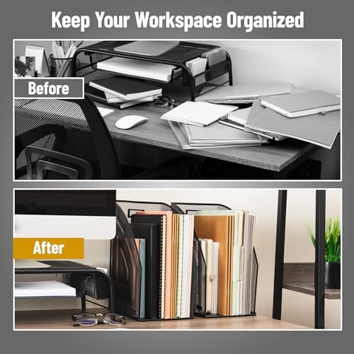 Mind Reader Vertical File Organizers, Desktop File Holders for Folders, Magazines, and Paperwork, Workspace Organizer, Metal Mesh, Set of 2, Black - Image 5