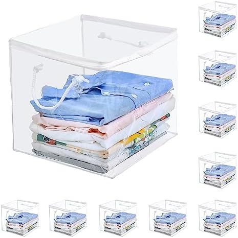 10-Pack Clear Zippered Storage Bags with Handles, Two-Way Zipper Foldable Closet Organizer, Bed Sheet Organizer, Plastic Storage Bin for Clothes, Towels by Remittur