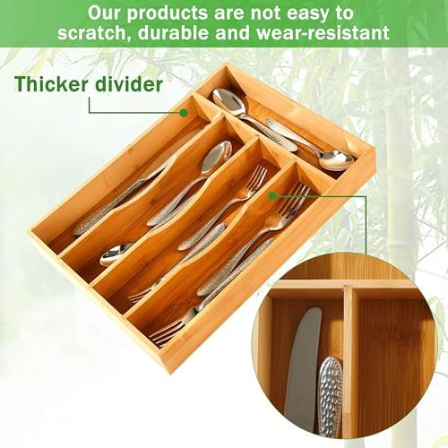 Greenual Silverware Organizer 10 In Utensil Organizer Silverware Tray for Drawer Cutlery Flatware Organizer for Kitchen Bamboo Wood 2 Pack - Image 3