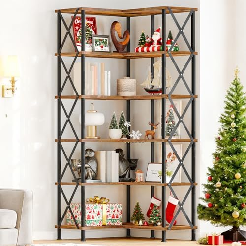 HOOBRO Corner Bookshelf, 6-Tier L-Shaped Bookcase, Industrial Open Display Shelf Tall Storage Organizer, Vertical Storage Rack, for Living Room, Home Office, Rustic Brown and Black BF61SJ01 - Image 2