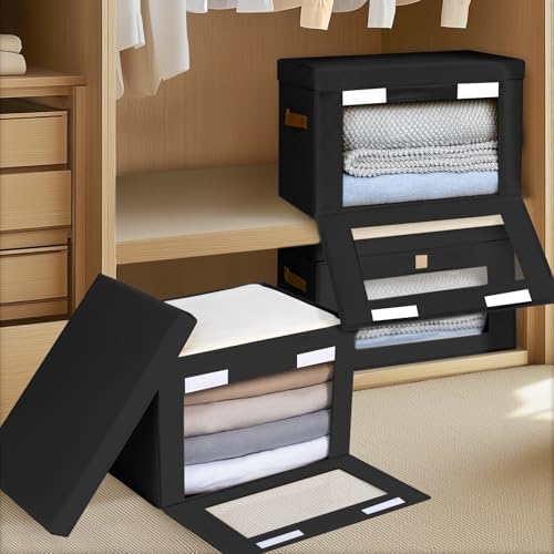 Homsorout Large Closet Storage Bins - Collapsible Clothes Organizer with Handles & Window, Decorative Boxes with Lids, Linen Closet Organizers for Living Room, Dorm, 8 Pack, Black - Image 3