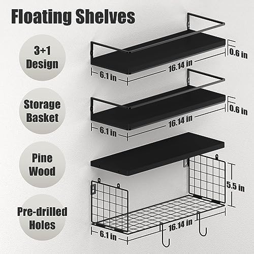 Black Floating Shelves with S Hooks, Wall Mounted Bathroom Shelves Over Toilet with Toilet Paper Basket, Bathroom Organizers and Storage, Small Corner Shelf for Bedroom Home Room Wall Decor - Image 3