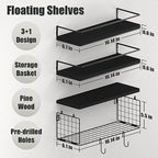 Black Floating Shelves with S Hooks, Wall Mounted Bathroom Shelves Over Toilet with Toilet Paper Basket, Bathroom Organizers and Storage, Small Corner Shelf for Bedroom Home Room Wall Decor - Image 3