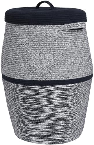 26"x20" Extra Large Tall Woven Laundry Basket with Lid, Cotton Rope Blanket Storage Basket, Freestanding Decorative Bin for Bedroom Living Room, Navy Blue Mix by Cottonphant