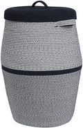 26"x20" Extra Large Tall Woven Laundry Basket with Lid, Cotton Rope Blanket Storage Basket, Freestanding Decorative Bin for Bedroom Living Room, Navy Blue Mix by Cottonphant