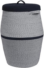 26"x20" Extra Large Tall Woven Laundry Basket with Lid, Cotton Rope Blanket Storage Basket, Freestanding Decorative Bin for Bedroom Living Room, Navy Blue Mix by Cottonphant