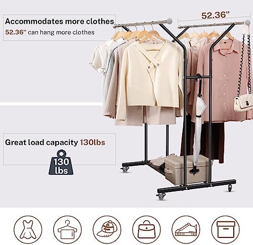 VICERII Clothing Rack, Heavy Duty Clothes Racks with Wheels and Bottom Shelf, 52.36’’ Metal Double Clothing Racks with Wheels, Wardrobe Rack for Hanging Clothes, Coats, Shirts, Skirts, Dresses, Black - Image 6