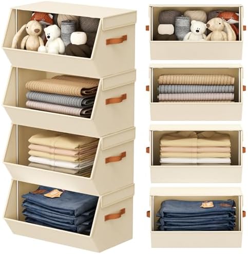 Stackable Closet Organizers and Storage Bins, Open Front Closet Shelf Organizer System With Steel Frame, Clothes Storage Basket Fabric, Collapsible Closet Drawers for Wardrobe, Nursery ,Toy, 4 Pack by DiMJ