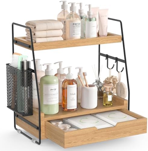 2-Tier Bathroom Counter Organizer with Drawer, Wood Counter Storage Shelf by Unknown
