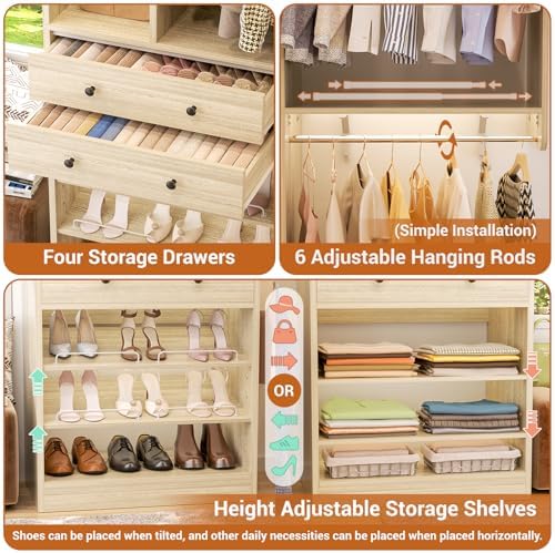 Besiost Closet System, Up to 128.6"/10.7 FT Closet Organizer with 4 Wooden Drawers and Shelves, Walk-in Closet System with 6 Hanging Rods, Built-in Closet Fit 96"/8FT, 120"/10FT, Greige Oak Set 2 - Image 5