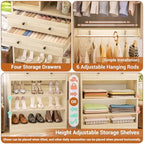 Besiost Closet System, Up to 128.6"/10.7 FT Closet Organizer with 4 Wooden Drawers and Shelves, Walk-in Closet System with 6 Hanging Rods, Built-in Closet Fit 96"/8FT, 120"/10FT, Greige Oak Set 2 - Image 5